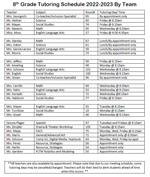 8th Grade Tutoring Schedule