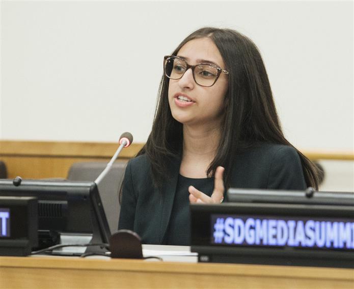 An image of Prisha Shroff during a panel at the United Nations Headquarters in New York.