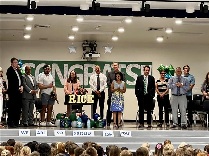  Group photo of Principal Shirley Mathew being celebrated at Rice Elementary School.