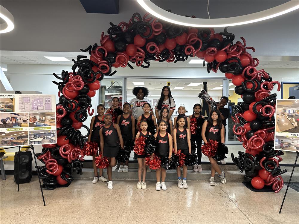 An image of the Frye Elementary cheerleaders and their coaches.