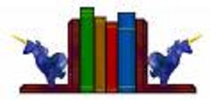 books on shelf with unicorn bookends